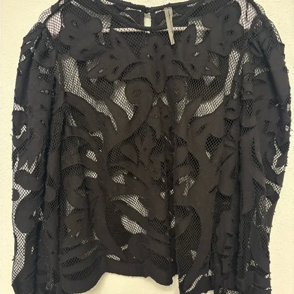 Anthropologie Black Lace Appliqué Sheer Blouse - Picture 3 of 7